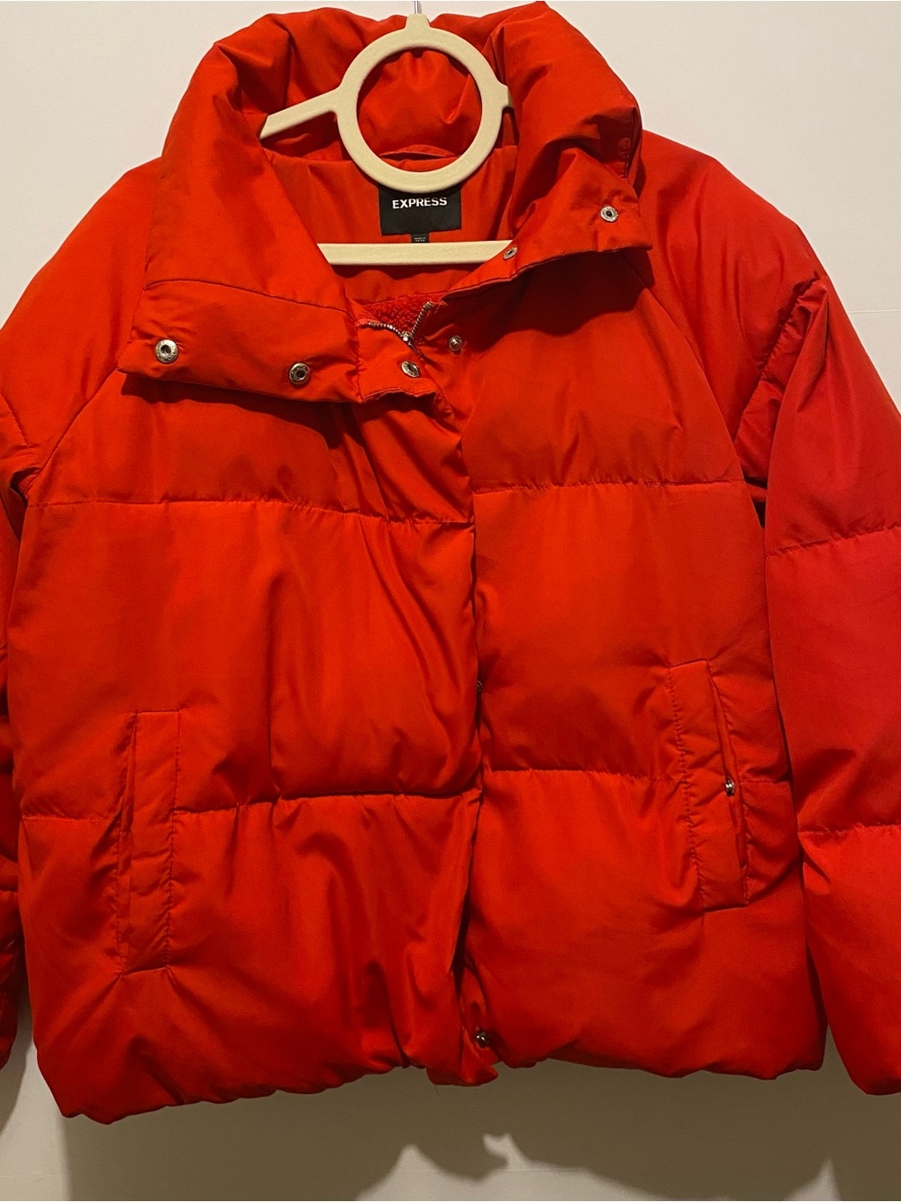 Express Bold Red Puffer Jacket with Snap Front